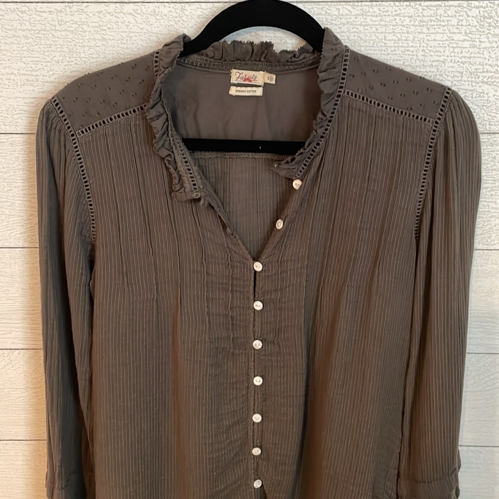 Faherty Charcoal Ruffled Henley Blouse - Picture 3 of 13